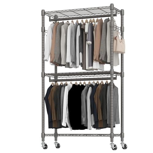 BATHWA Rolling Garment Rack Portable Closet Clothes Rack for Hanging Clothes, Metal Wardrobe Clothing Rack with Wheels and 8 Side Hooks, Double Rods, Adjustable Shelves, Gray