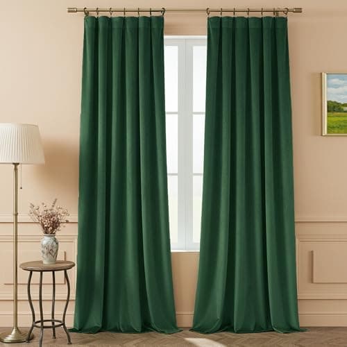 Timeper Dark Green Pleat Back Tab Velvet Curtains W52 x L90 inches 2 Panels, Room Darkening Solid Home Decor Curtains for Bedroom Living Dining Room Thermal Insulated Luxury Super Soft Window Drapes