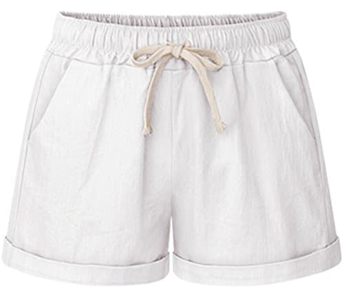 HOW'ON Women's Elastic Waist Casual Comfy Cotton Beach Shorts with Drawstring White XL
