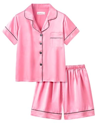 UNICABBIT21 Coral Summer Pajamas for Big Girls Silk Button Down Short Sleeve & Shorts Satin PJS Kids Silky Sleepwear Size 8