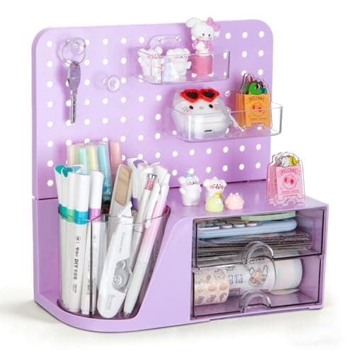 Comix Desk Organizer with 2 Drawer, Purple 360 Rotating Pen Holder for Desk