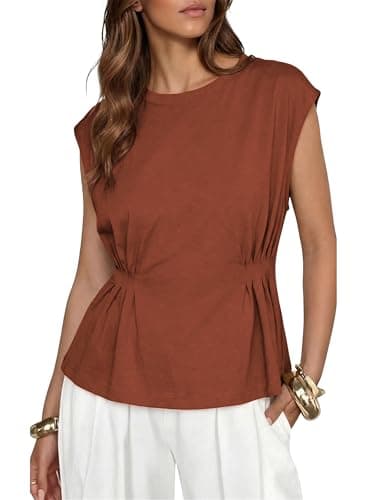 Watashi Women Summer Babydoll Tops Casual Cap Sleeve Peplum Tunic Shirt Dressy Pleated Tops(Rust-XS)