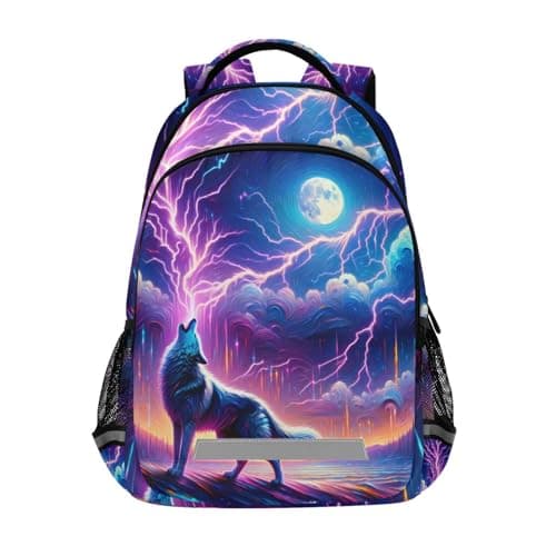 Wolf Howling Moon Lightning Backpack for Boys Girls Elementary School Bag Kids Bookbag Travel Rucksack
