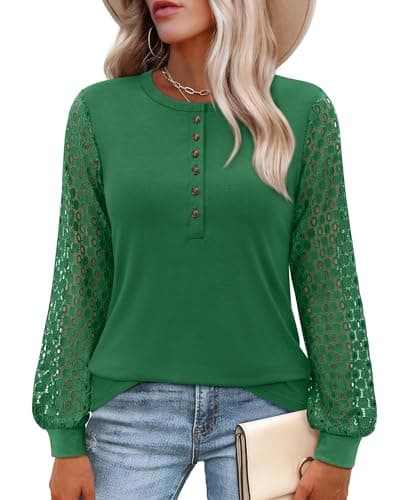 siliteelon Womens Long Sleeve Shirts Lace Tops Eyelet Dressy Casual Blouses 2026 Fall Fashion Outfits Business Work Clothes-Blackish Green S