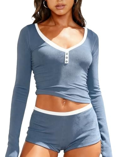 Dressmine Cute Sleep Sets for Women Pj Set Shorts and Top Sleeping Lounge Matching Fitted Outfits Spring Pjs Y2k Pajamas Blue XL