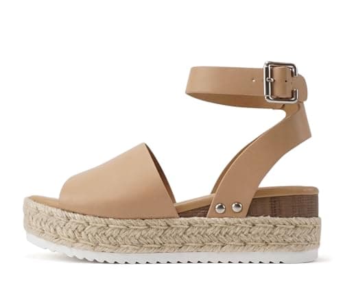 Soda Topic Open Toe Buckle Ankle Strap Espadrilles Flatform Wedge Casual Sandal (Natural Pu, 10)