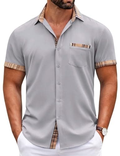 COOFANDY No Tuck Shirts for Men Short Sleeve Dress Shirt Casual Wrinkle Free Plaid Collar Button Down Shirts Light Grey