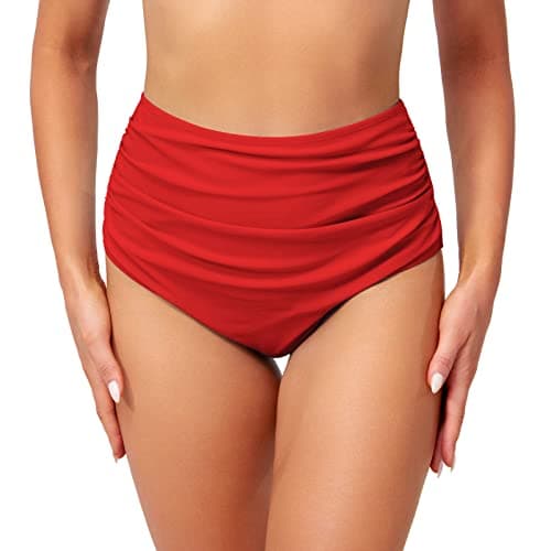 Edelqual Women High Waisted Bikinis Bottoms Tummy Control Full Coverage Ruched Bathing Suit Swimsuit Tankini Cut Flattering Retro Swimming Short (Red,M)