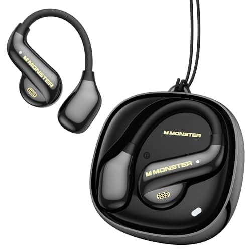 Monster Open Ear AC390 Headphones, Bluetooth 6.0 Ear Buds with Stereo Sound, IPX5 Waterproof, Wireless Headphones 24H Playtime, Rotating Charging Case with Lanyard, Ultra-Light Open Ear Earbuds Black
