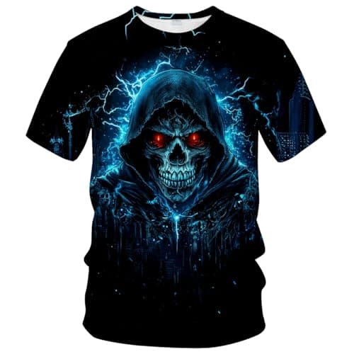 QTAGTESS Men's Gothic Skull T-Shirt Blue Flames with Urban Skyline Graphic Tee Shirt,Blue Black,XL