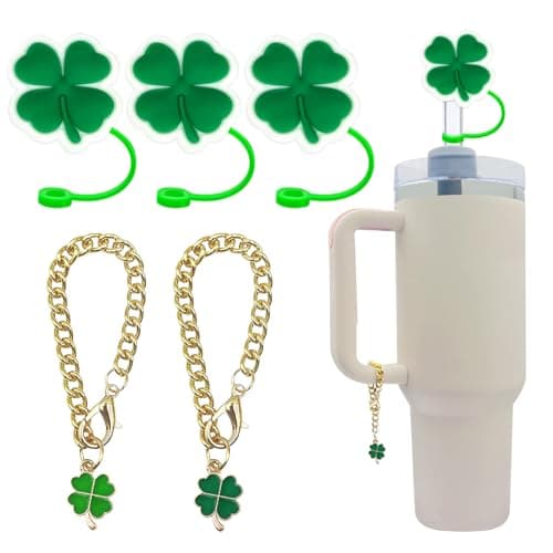 Clover Straw Cover Cap, Clover Charm Accessories, St. Patrick's Day Drinking Straw Toppers for Stanley 8MM Straws （3 Cover Caps + 2 Chains）