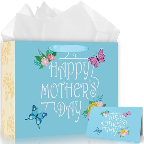MDCGFOD Happy Mothers Day Gift Bags with Greeting Cards and Tissue Paper, Floral Gift Bag for Mothers, Women, Grandmothers, Mom Medium size (Blue)