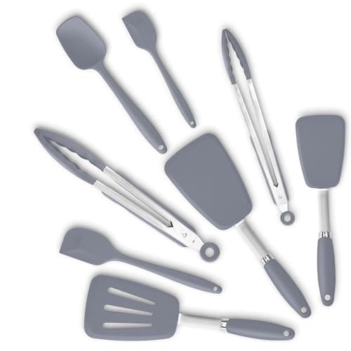 Silicone Spatulas Set Turners Tongs Cooking Utensils Set High Heat Resistant Kitchen Scraper Spatulas for Cooking Mixing Baking BPA Free Dishwasher Safe, Grey