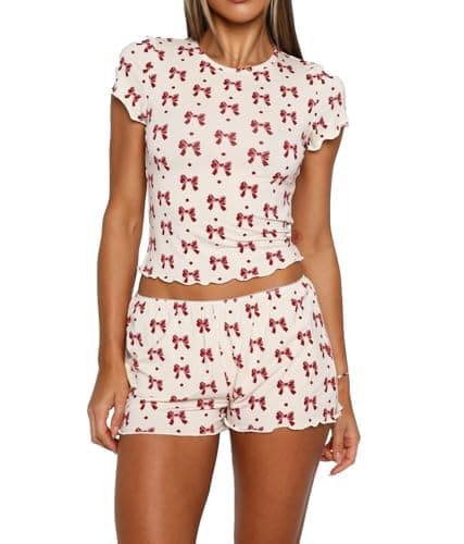 Lacozy Summer Pajamas for Women Sets 2 Piece Short Sleeve Pjs Set Bow Graphic Crop Top and Shorts Y2K Lounge Set L