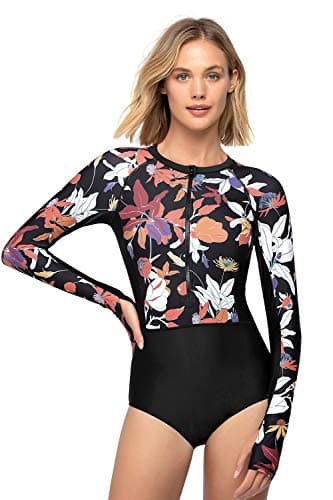 AXESEA Womens Rash Guard Long Sleeve One Piece Swimsuit UV UPF 50+ Sun Protection Zipper Printed Patchwork Bathing Suit