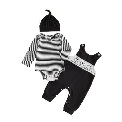 HYADRBLEBY Baby Boy Halloween Outfit Newborn Stripe Romper+Pumpkin Boo Overalls Pants+Hat Infant Boys First Halloween Outfit (Boo, 3-6 Months)