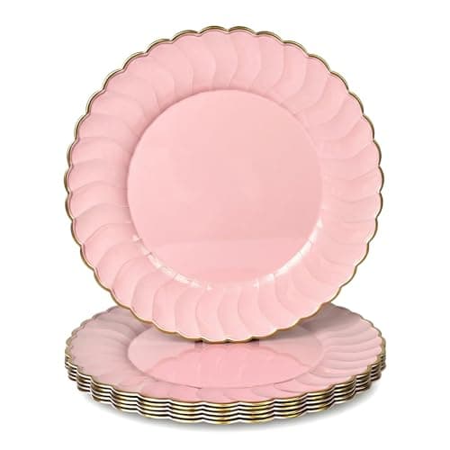 Umisriro 13 Inch Pink Scalloped Charger Plates with Gold Rim (Set of 6), Round Wave Plastic Serving Plates for Weddings, Bridal Showers, Birthday Parties, Catering & Table Decorations