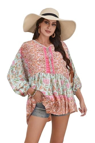 HECCPLI Women Boho V-Neck 3/4 Sleeves Tunic Top Relaxed Fit Casual Print Blouse Pink Green