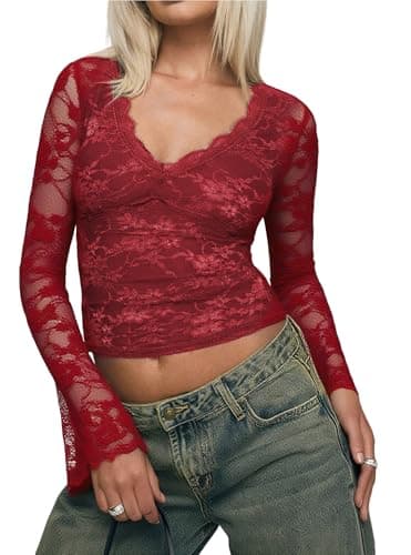 INFITTY Women's Sexy V Neck Bell Sleeve Shirts Lace Double Lined Slim Fit Crop Tops 2026 Fall Y2K Blouses Burgundy L