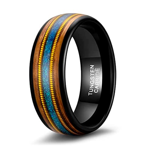 TRUMIUM 8mm Mens Tungsten Wedding Bands Blue Opal Guitar Wood Rings Size 8