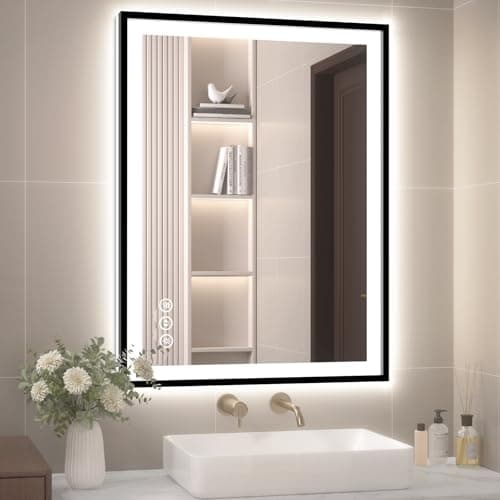 24x32 LED Bathroom Mirror with Lights, Black Aluminum Framed, Backlit + Front Lit, Lighted Bathroom Vanity Mirror for Wall, Anti-Fog, Memory Function, Dimmable, Shatterproof ETL Listed