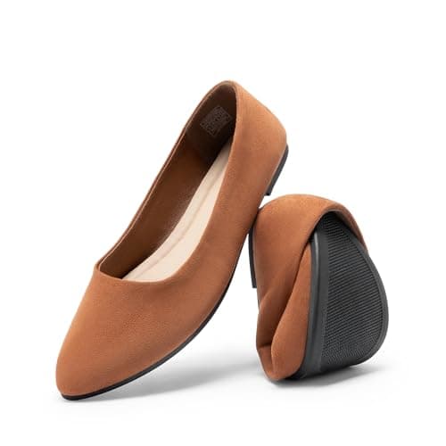 DREAM PAIRS Women’s Flats Comfortable Slip On Business Work Office Casual Suede Ballet Flats Pointed Toe Dress Shoes，Brown，Size 7