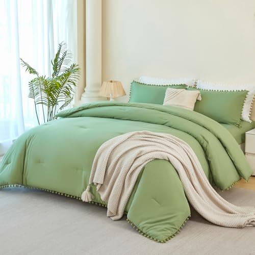PERFEMET Green Comforter Set Queen Size 5 Pieces Boho Pom Pom Fringe Bedding Comforters for Girls Kids Soft Lightweight All Season Solid Bed in A Bag with Sheets for Bedroom(Green, Queen)