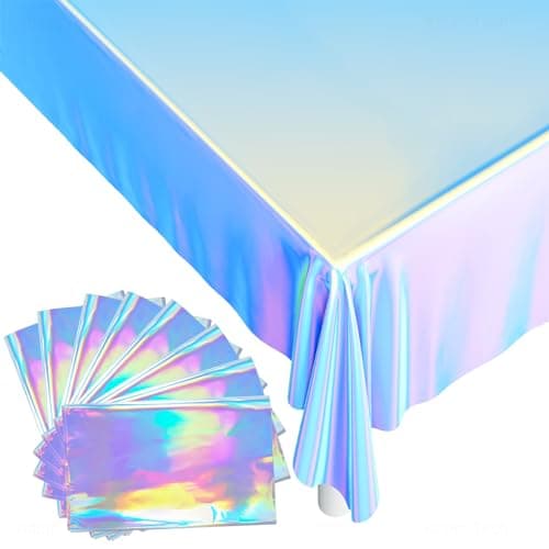 NiHome Iridescent Plastic Tablecloths 54.8x109.6 Inches Holographic Metallic Laser Shiny Rectangle Party Table Decorations Foil Clothes Reusable Covers for Birthday Bridal Wedding Christmas (8-Pack)