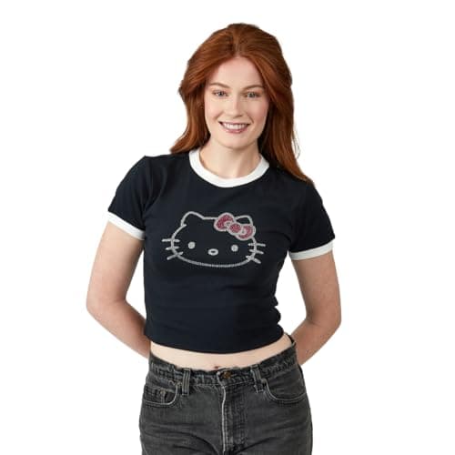 Hello Kitty Character Face Outline Crew Neck Short Sleeve Women's Black Crop Top Baby Tee XL