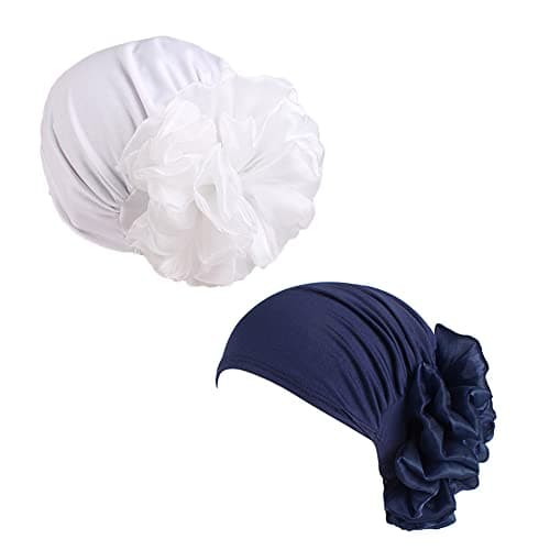 Women Flower Elastic Turban Beanie Head Scarf wrap Chemo Cap hat for Cancer Patient (White Navy)
