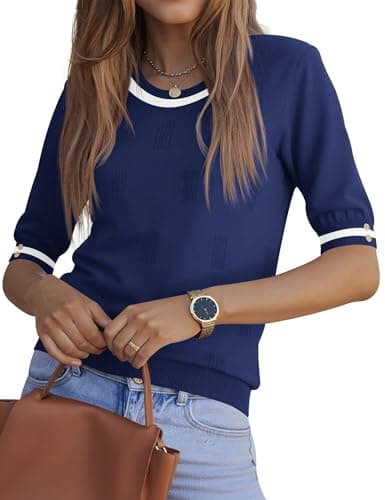 Kistore Fall Sweaters for Women Lightweight 3/4 Sleeve Sweater Tops Crew Neck Pullover Shirts Navy White Colorblock L