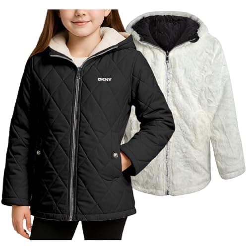 DKNY Reversible Girls Winter Coat - Heavyweight Quilted Jacket with Sherpa Lining Hooded Puffer Jacket Winter Coats for Girls, Size 10-12, CLASSIC BLACK