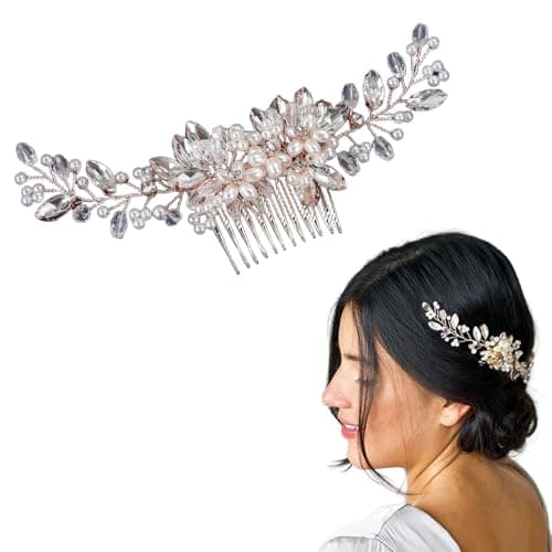LOHGOU Bride Flower Pearl Wedding Hair Comb for Women and Girls,Floral Bridal Hair Piece Crystal Side Combs Wedding Party Hair Pin Accessories (Gold)