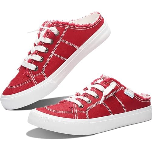 Obtaom Women Canvas Mules Memory Foam Clipper Fashion Sneakers Comfortable Slip-On Mule Backless Shoe（Red Canvas US5）