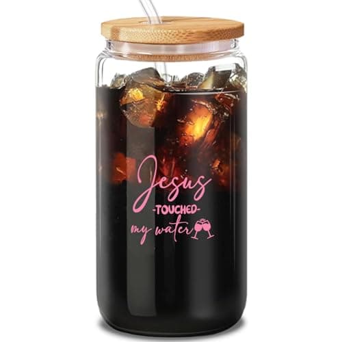 MUZRUYOU Jesus Touched My Water Funny Christian Tumbler - 16oz Novelty Glass Cup with Lid, Humorous & Inspirational Gift for Christian Women, Mom, Sister, Friend