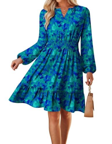 GRACE KARIN Women's V-Neck A-Line Knee Length Pocketed Green Blue Dress L