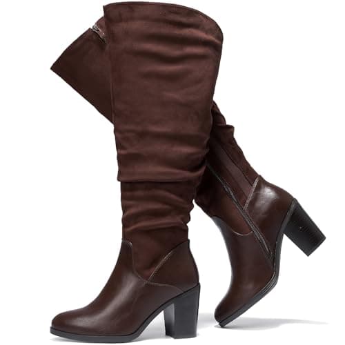 Luoika Women's Extra Wide Calf Knee High Boots, Wide Width Slouchy Knee-High Boots Chunky Pump Heel Plus Size Boots. 231209 Brown 8.5XW