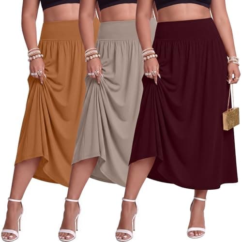 Ficerd 3 Pack Women Plus Size Maxi Skirts, 3-Color, 5X-Large
