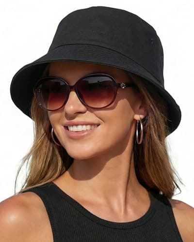 HONGTEYA Bucket Sun Hats for Woman Men Cotton Packable Summer Beach Sun Bucket Hats for Women Men Fishing Outdoor Vacation Black