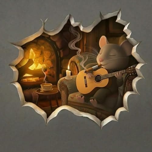Cozy Mouse Wall Decal, 3D Fireplace Scene Decorative Sticker, Vinyl Home Decor (Mouse Chilling)