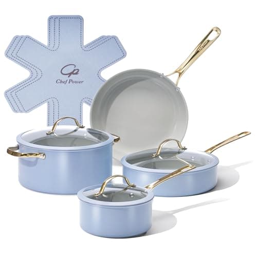 Chef Power Ceramic Cookware Sets, 10Pcs Pots and Pans Set Non Stick, Cookware Set with Stainless Steel Handle, Dishwasher & Oven Safe, Blue Gray and Granite Grey