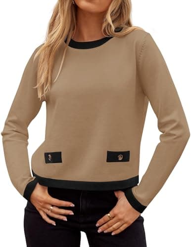 ZESICA Womens Fall Color Block Long Sleeve Pullover Sweater Top,Toffee,S