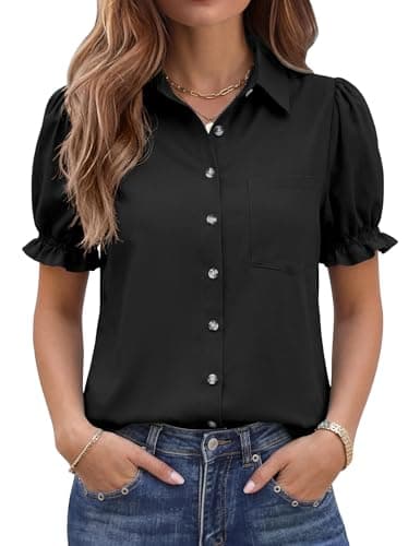 LOMON Black Linen Shirts for Women Puff Sleeve Button Down Summer Casual Collared Work Tops Dressy Blouses