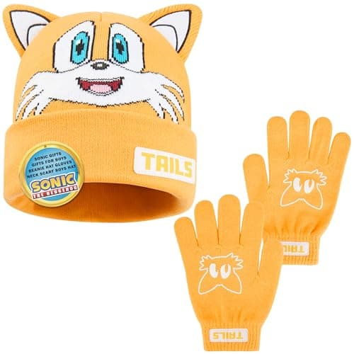 Sonic The Hedgehog Beanie and Gloves Set for Boys, Ages 4–12, Soft Knit Winter Hat and Winter Gloves, Gamer Gifts for Boys (4-12 Years, Yellow Tails, 2)