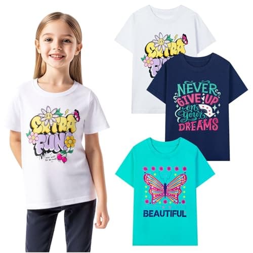 HILEELANG Little Girl Short Sleeve Tees Summer Easter White Blue Butterfly Graphic Cotton Tops Shirts 3 Packs Size 7, 24gt02#navybluewhite1