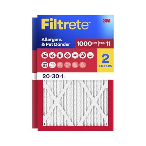 Filtrete 20x30x1 Air Filter, MERV 11, MPR 1000, Allergens & Pet Dander, 3-Month AC and Furnace Filters, Cleaner Air, Reliable Airflow, 2 HVAC Filters (Actual Size 19.68 x 29.68 x 0.81 in)