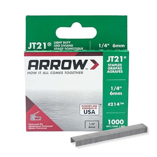 Arrow 214 JT21 Thin Wire Staples for Staple Guns and Staplers, Use for Upholstery, Crafts, General Repairs, 1/4-Inch Leg Length, 7/16-Inch Crown Width, 1000-Pack, Grey