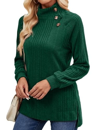 LURANEE Womens Turtleneck Sweater,Long Sleeve Tunic Tops Turtle Neck Sweater Light High Low Side Split Sweatshirt Dark Green XL