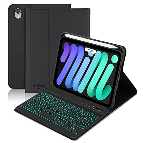 BORIYUAN iPad mini 7th Gen 2024 (A17 Pro) & iPad mini 6 Keyboard Case 2021, Detachable Wireless Keyboard, 7 Color Backlit, Slim Folio Cover with Pencil Holder for iPad mini 7th/6th Gen 8.3 inch Black