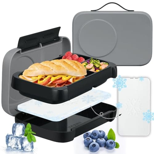 JXXM Bento Box for Kids,Kids Bento Lunch Box with Built-in Ice Pack for School,3 Compartments Leak Proof Lunch Container with Utensils for Girl Boy;BPA Free,Microwave & Dishwasher Safe, 44oz(Black)